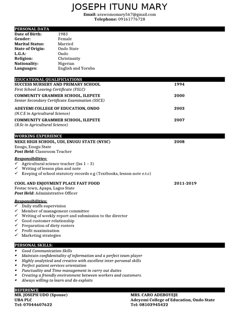 Joseph Itunu Mary CV | PDF