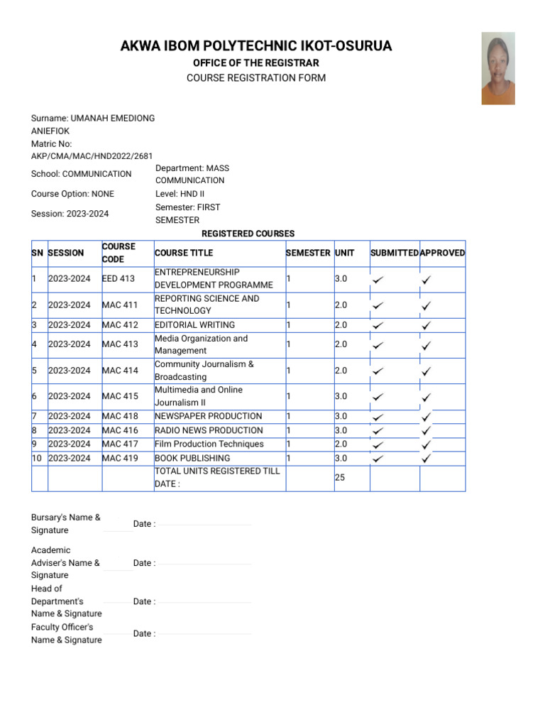 Akwa Ibom Polytechnic Course Registration Form | PDF