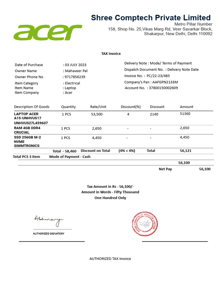 Acer Laptop Purchase Invoice | PDF