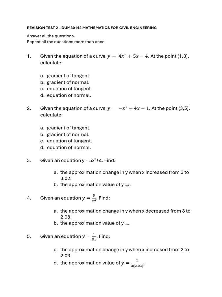 Revision Test 2 DUM30142 JD2025 | PDF | Equations | Tangent