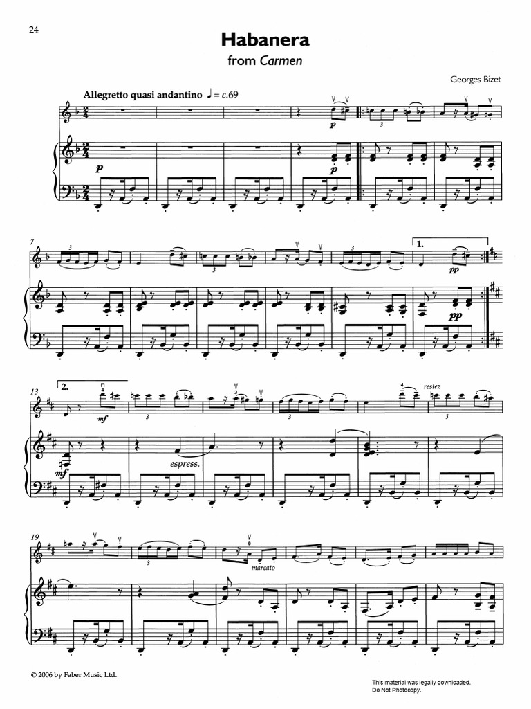 Habanera From Carmen Instrumental Solo & Piano Accompaniment (Piano ...