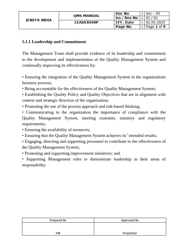 Jenefa India QMS Manual Overview | PDF | Quality Management | Quality ...