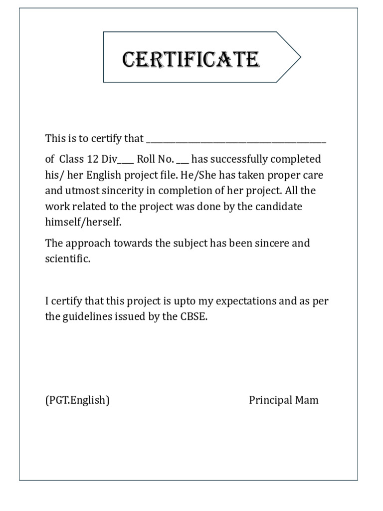 Class 12 English Project Certificate | PDF
