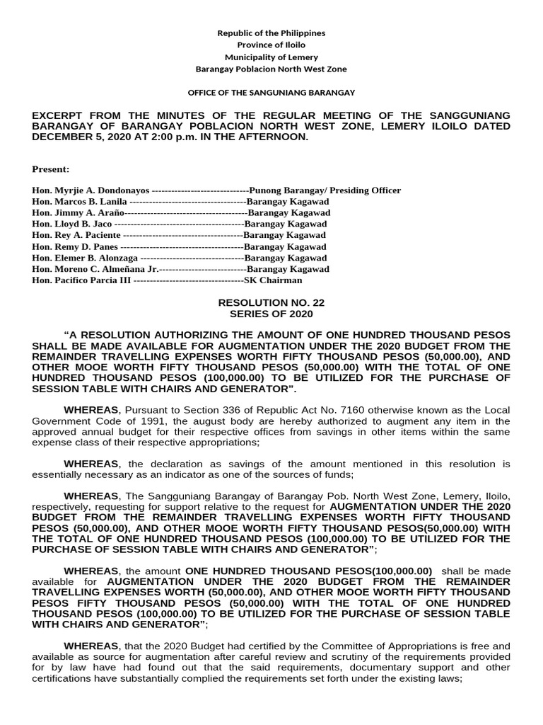 Lemery Iloilo Barangay Budget Resolution | PDF | Government
