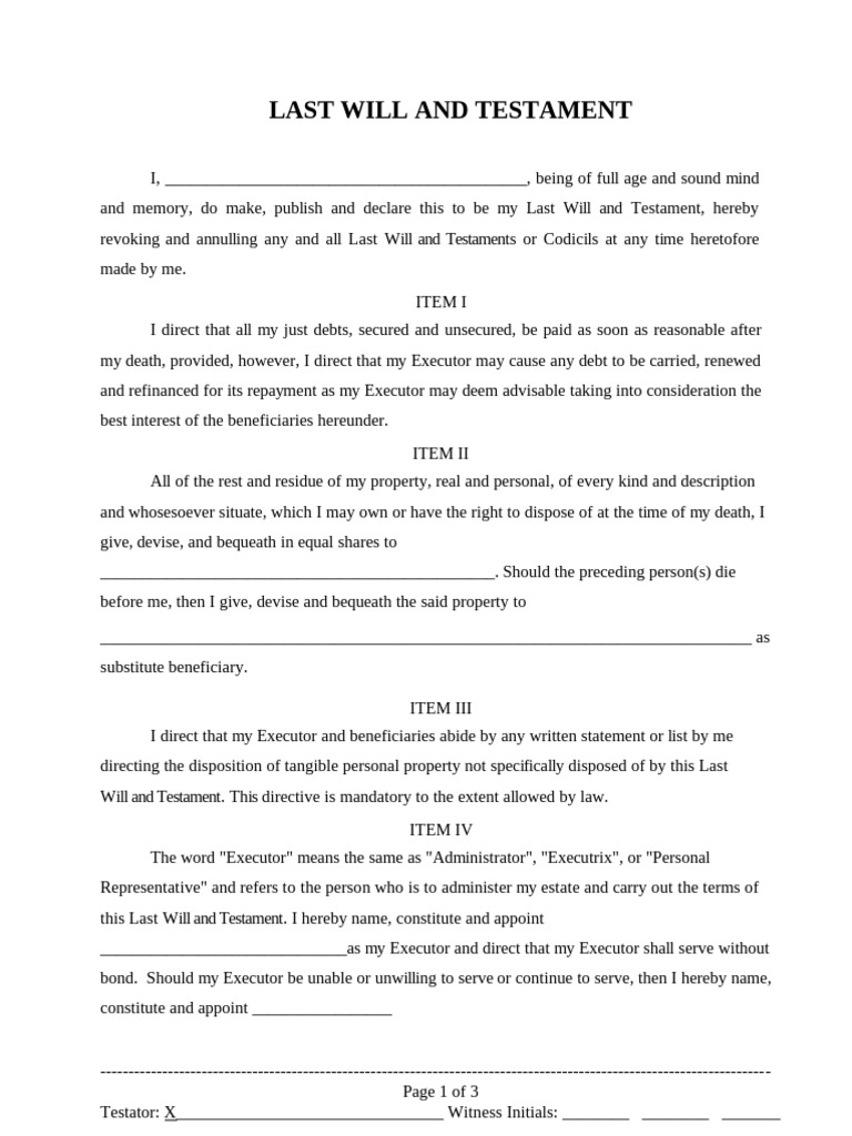 Last Will and Testament Template 01 | PDF | Will And Testament ...