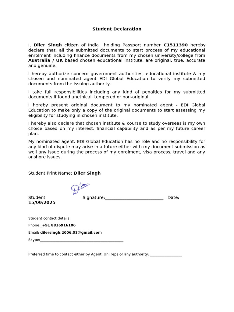 Student Declaration for Enrollment Verification | PDF