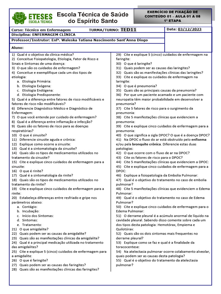 Enfermagem Clínica ED01 (Aula 01 A 08) | PDF | Doença de obstrução ...