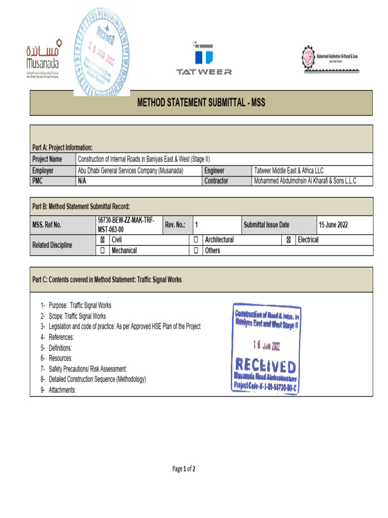 Traffic Signal Works Method Statement | PDF | Concrete | Safety