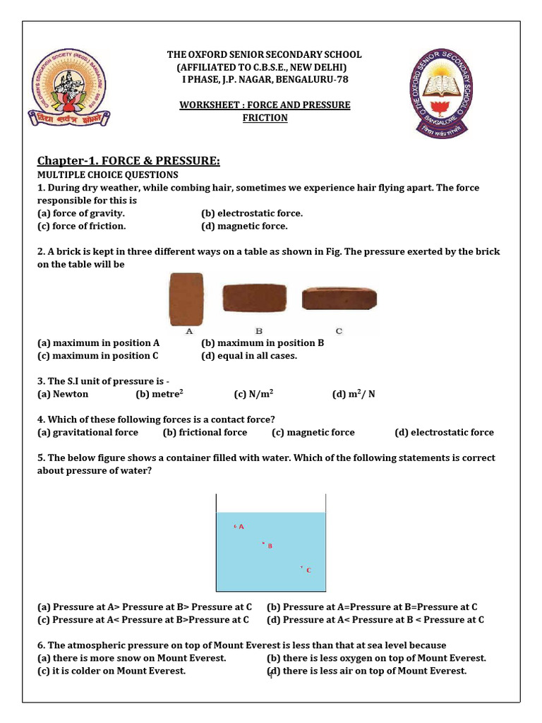 Force and Pressure MCQs Worksheet | PDF | Force | Pressure