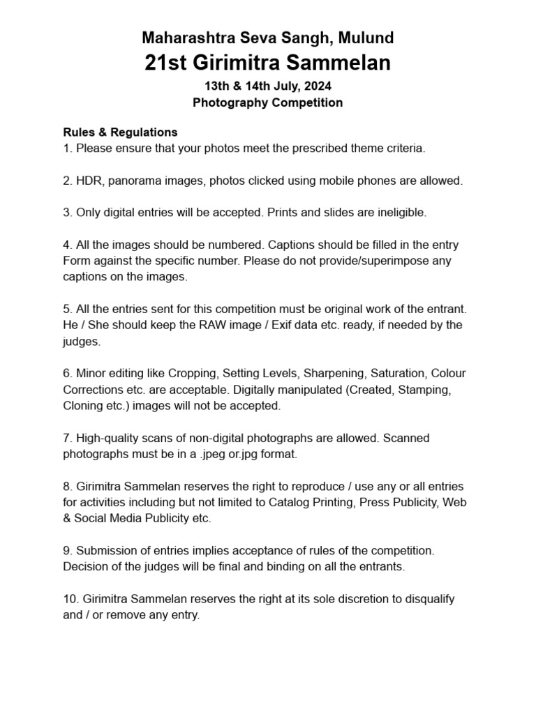 Girimitra Sammelan Photography Contest Rules | PDF | Photograph