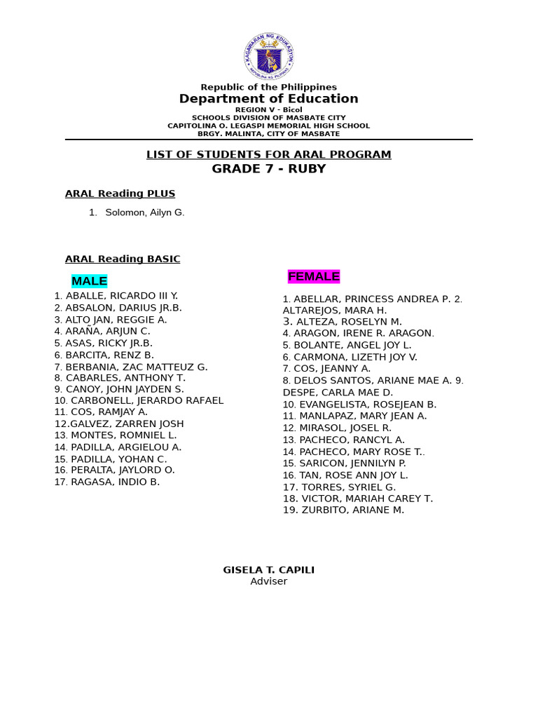 Grade 7 ARAL Program Student List | PDF