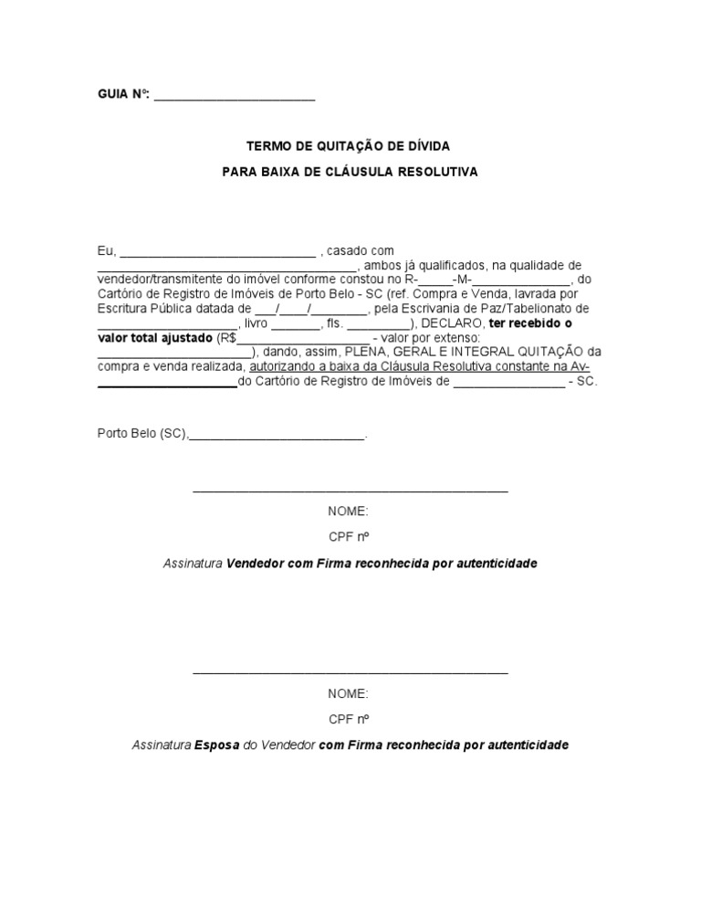 Declaracao Termo de Quitacao Divida