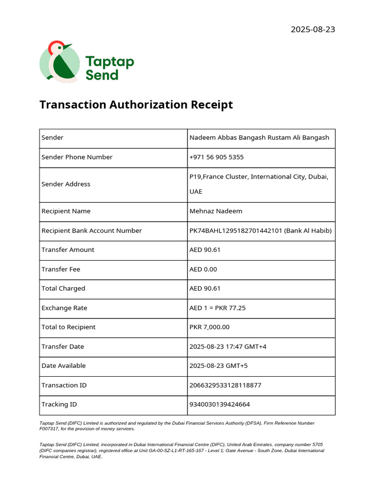 Transaction Receipt for Money Transfer | PDF