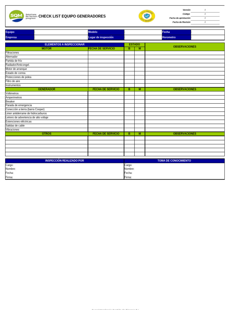 Checklist de Inspección para Generadores | PDF