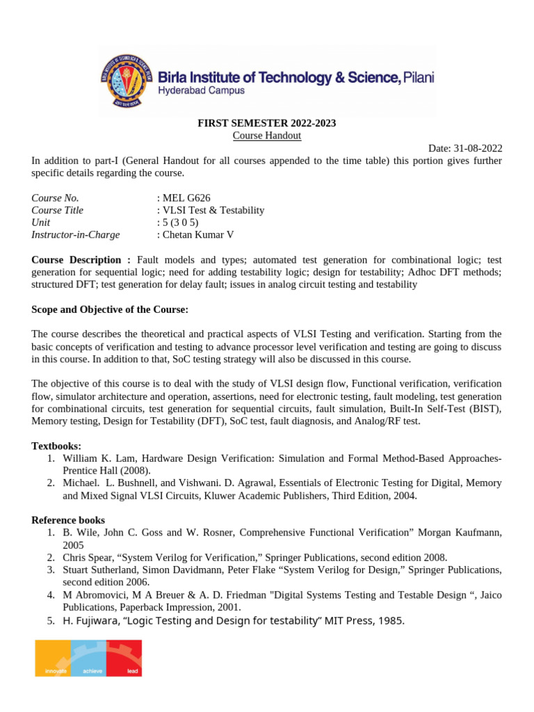 VLSI Test & Testability Course Overview | PDF | Formal Verification ...