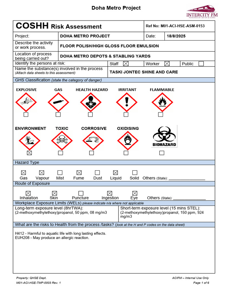 Doha Metro COSHH Risk Assessment | PDF | Personal Protective Equipment ...