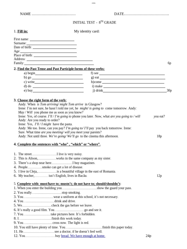 8th Grade Initial Test Document | PDF | Language Mechanics | Linguistic ...