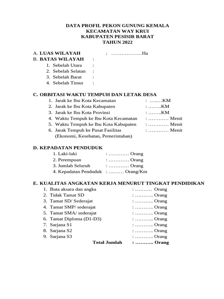 Data Profil Pekon Gunung Kemala 2022 | PDF