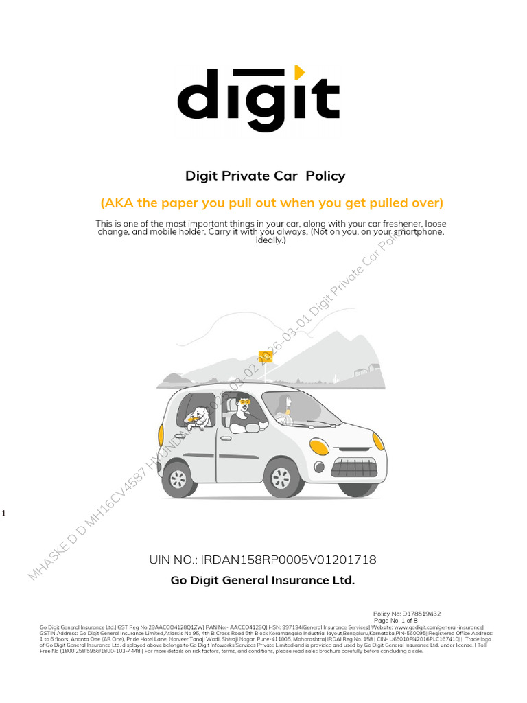 Digit Private Car Policy Details | PDF | Insurance | Business Law