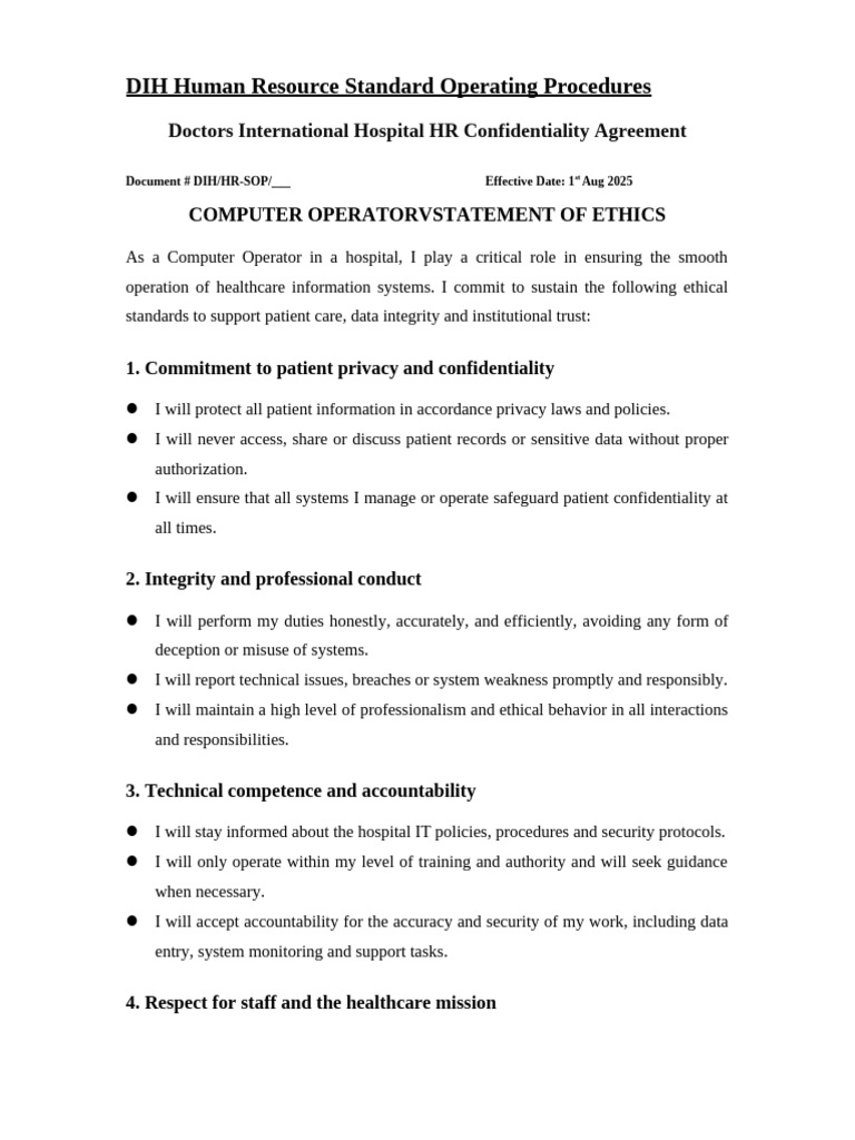HR SOP for Computer Operators at DIH | PDF | Confidentiality | Hospital