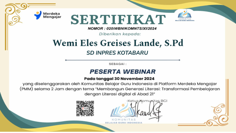 Sertifikat Wemi Eles Greises Lande, S.PD Weinar Membangun Generasi ...