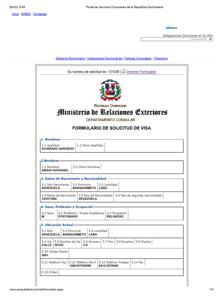 Formulario de Solicitud de Visa RD | PDF