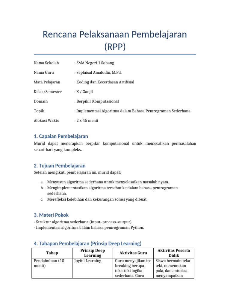 RPP Koding AI Berpikir Komputasional | PDF