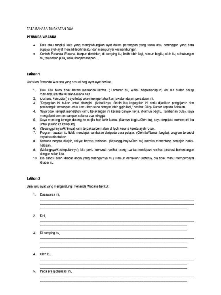 Latihan Tata Bahasa Tingkatan Dua Penanda Wacana