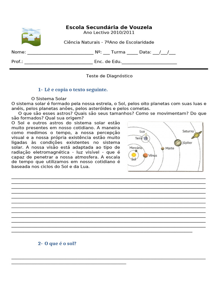Teste Diagnóstico: Sistema Solar 7º Ano | PDF | Sol | Sistema Solar