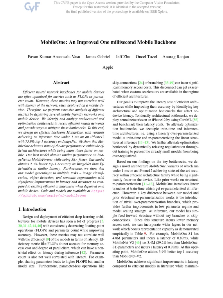 MobileOne An Improved One Millisecond Mobile Backbone | PDF | Graphics ...