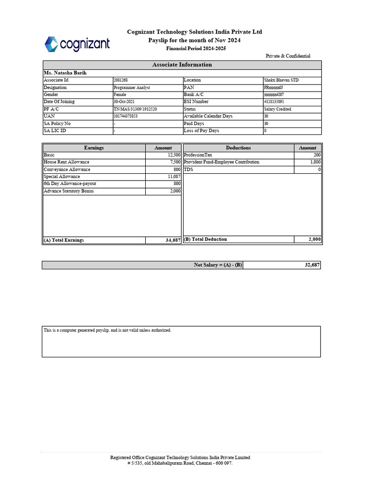 Cognizant November 2024 Payslip Summary | PDF | Taxes | Government Finances