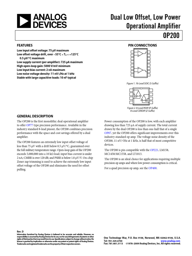 OP200 Dual Low Power Op-Amp Overview | PDF | Operational Amplifier ...