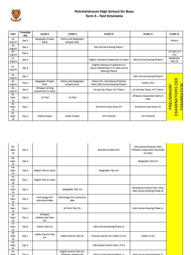 Grade 8-12 Test Timetable 2025 | PDF | Educational Stages | Science