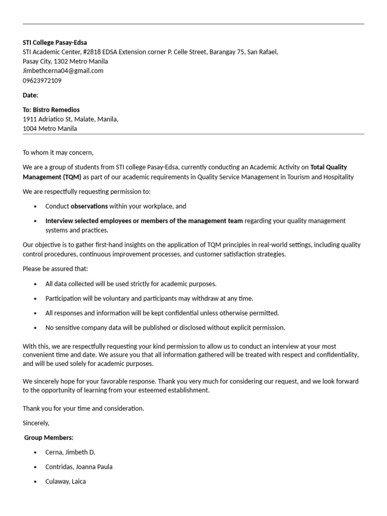 TQM Research Request from STI College | PDF | Business