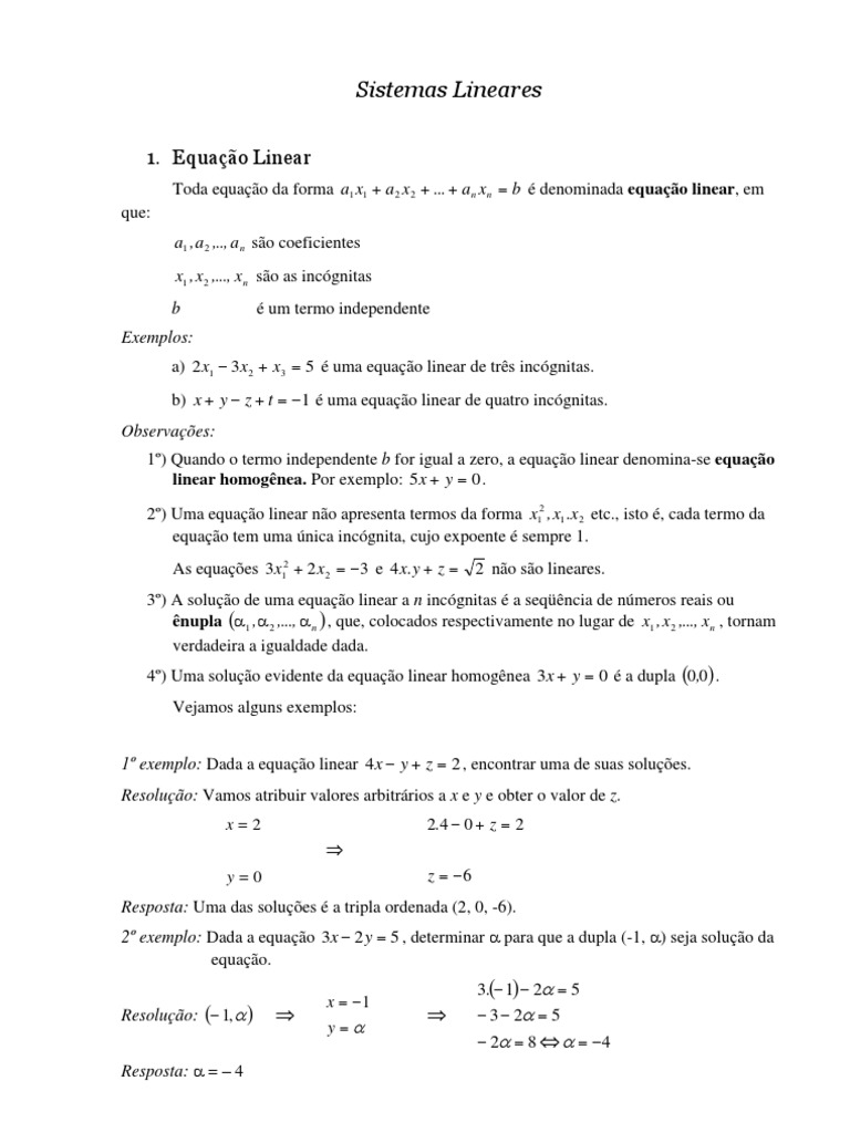 Sistemas Lineares Final | PDF | Sistema de equações lineares | Equações