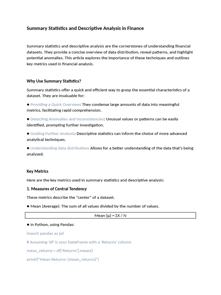 Financial Summary Statistics Explained | PDF | Descriptive Statistics ...