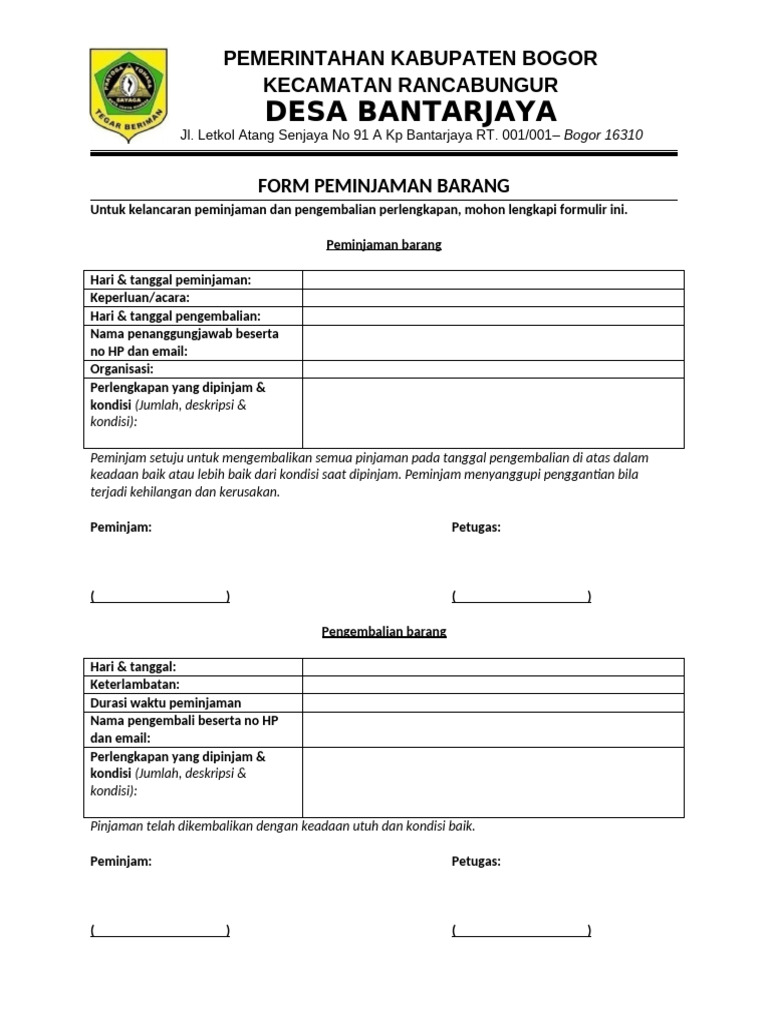 Formulir Peminjaman Barang Desa Bantarjaya | PDF