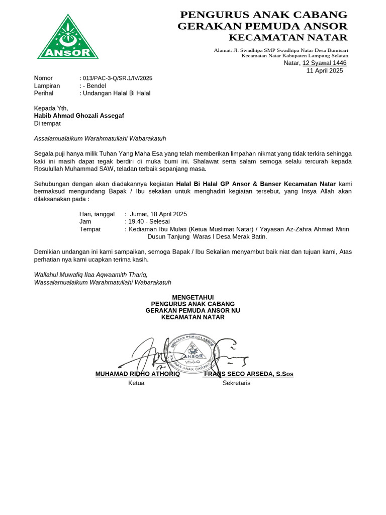 Undangan Halal Bi Halal GP Ansor Natar | PDF
