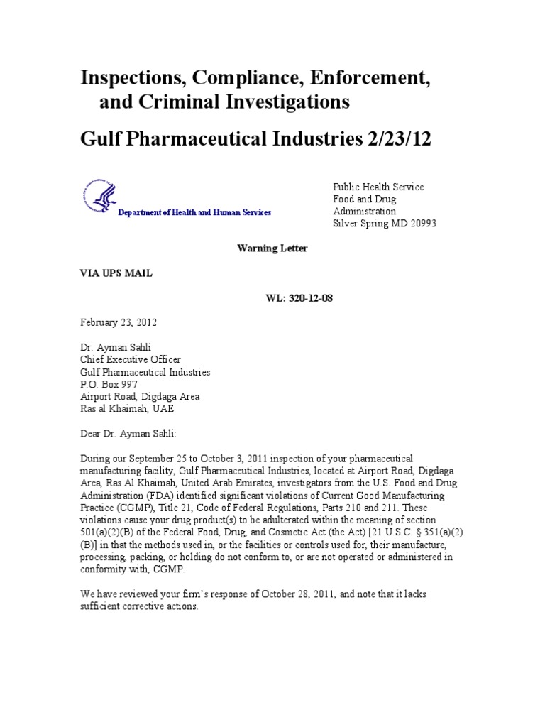 Gulf Pharmaceutical Industries Warning Letter | PDF | Food And Drug ...