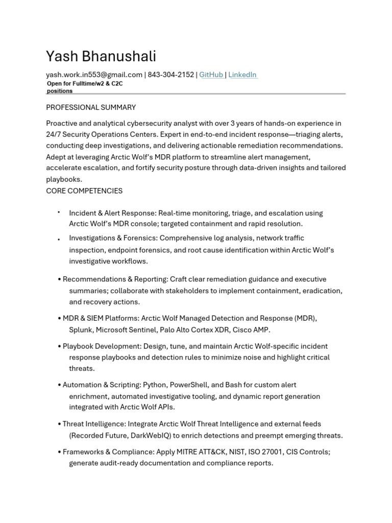 Yash Bhanushali: Cybersecurity Analyst Profile | PDF | Security ...