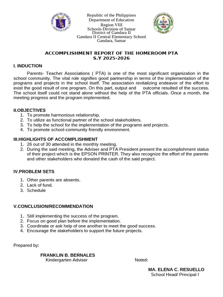 Gandara II Central Elementary PTA Report | PDF