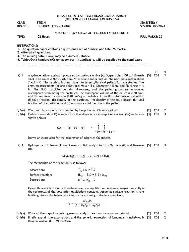 Chemical Reaction Engineering Exam MO/2024 | PDF | Adsorption | Catalysis