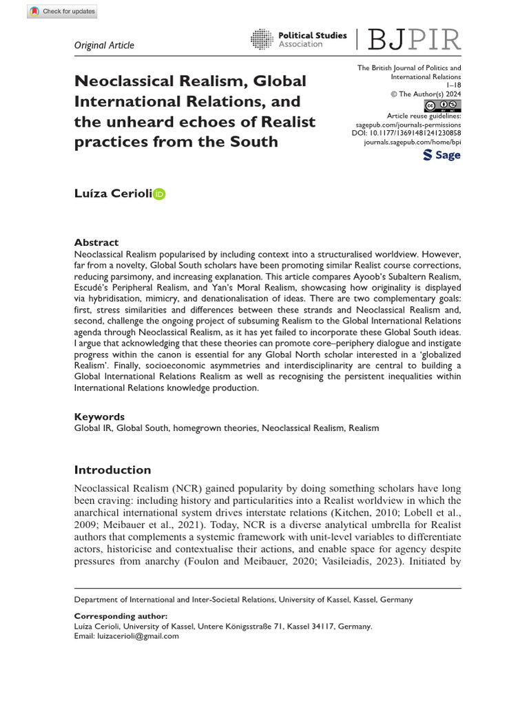 Cerioli 2024 Neoclassical Realism Global International Relations and ...