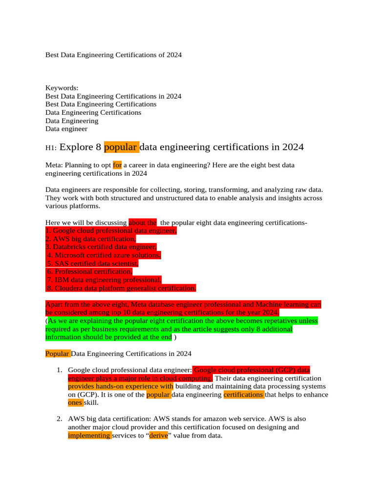 Top Data Engineering Certifications 2024 | PDF | Data | Sas (Software)
