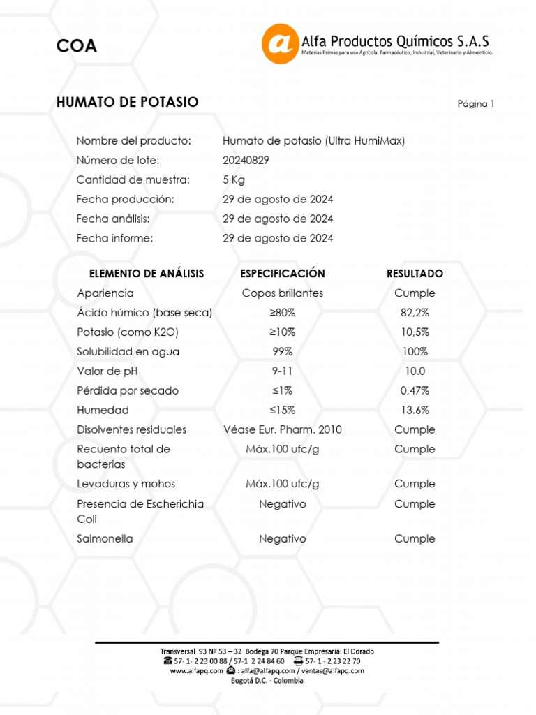 Certificado de Análisis: Humato Ultra HumiMax | PDF