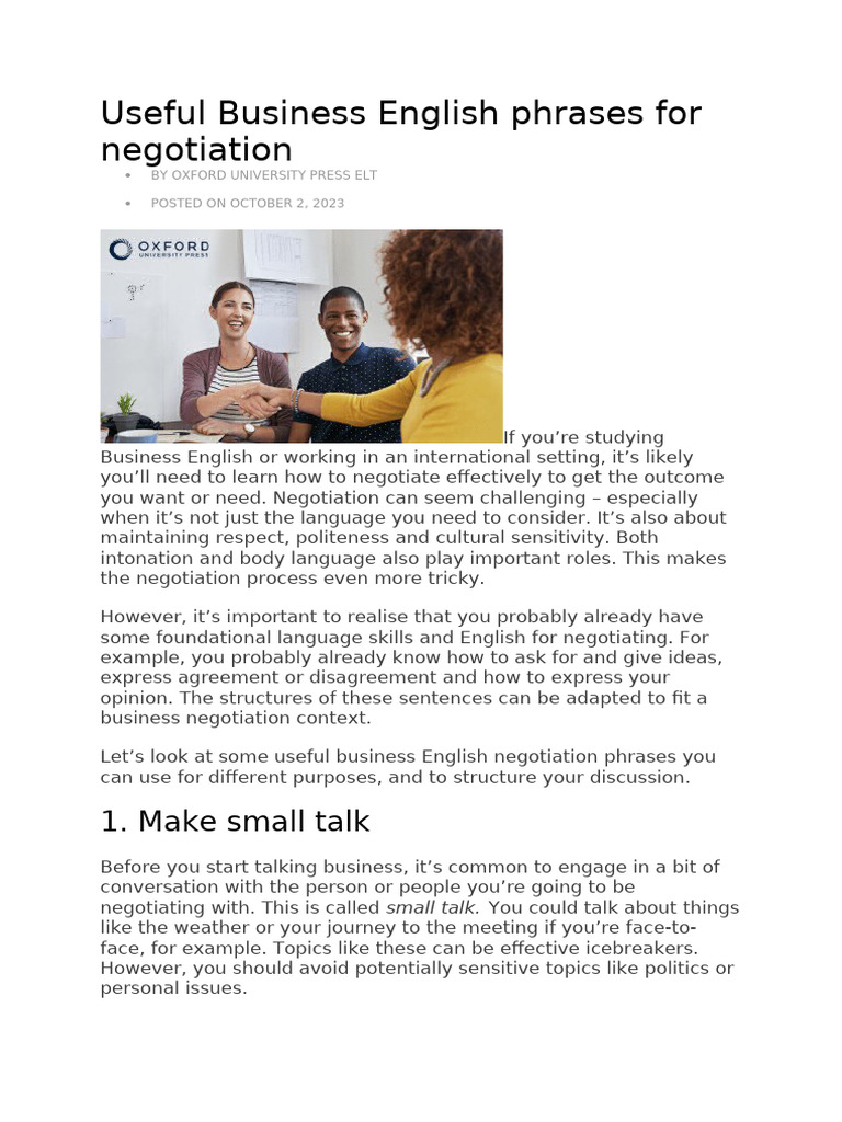 Essential Phrases for Business Negotiation | PDF | Negotiation | Learning