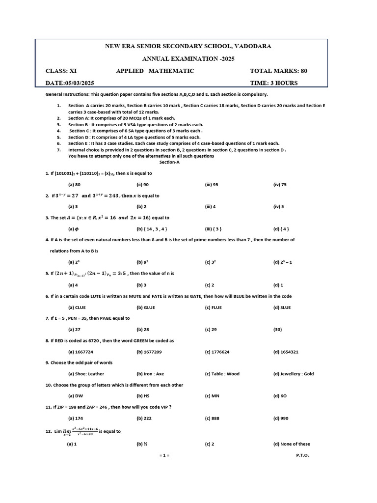 Class XI Applied Mathematics Exam 2025 | PDF