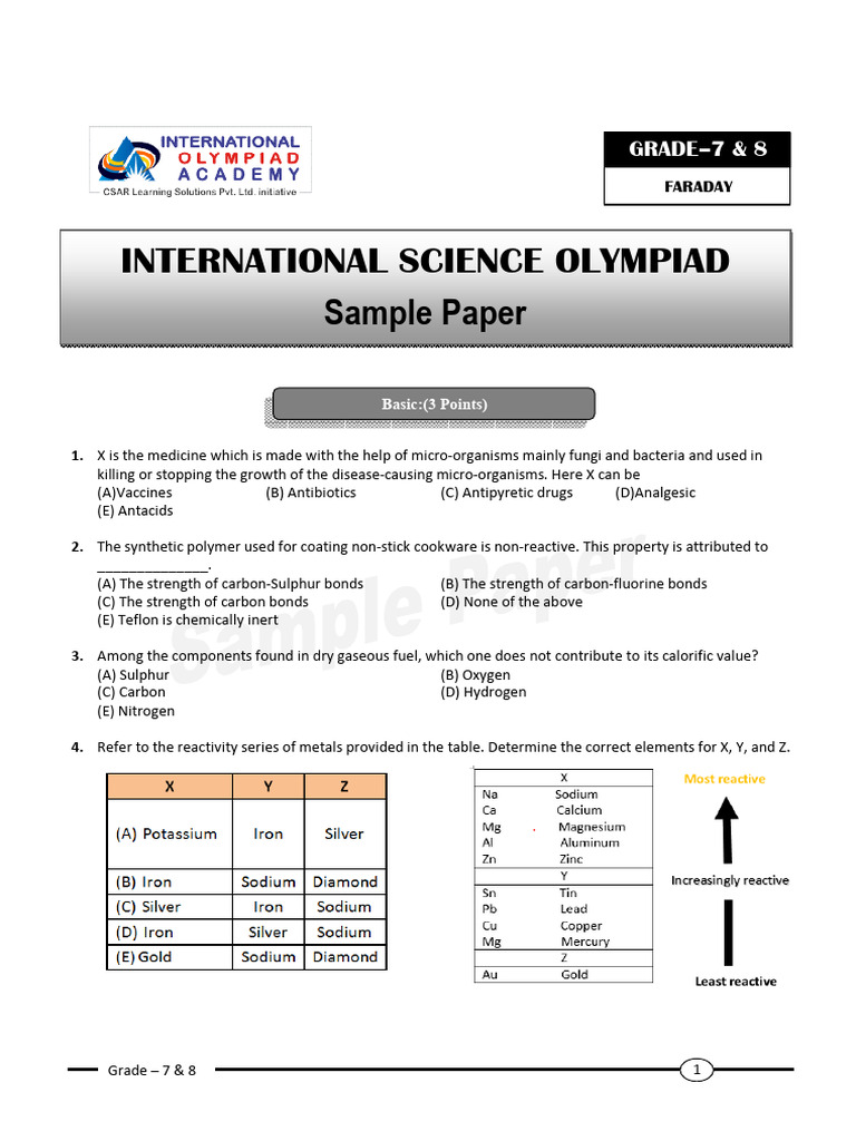 Science Olympiad Sample Paper for Grades 7-8 | PDF | Weight | Mass