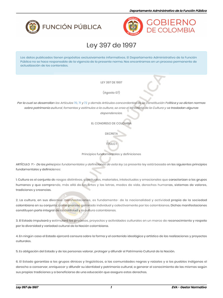 Ley 397 de 1997: Patrimonio Cultural en Colombia | PDF | Patrimonio ...