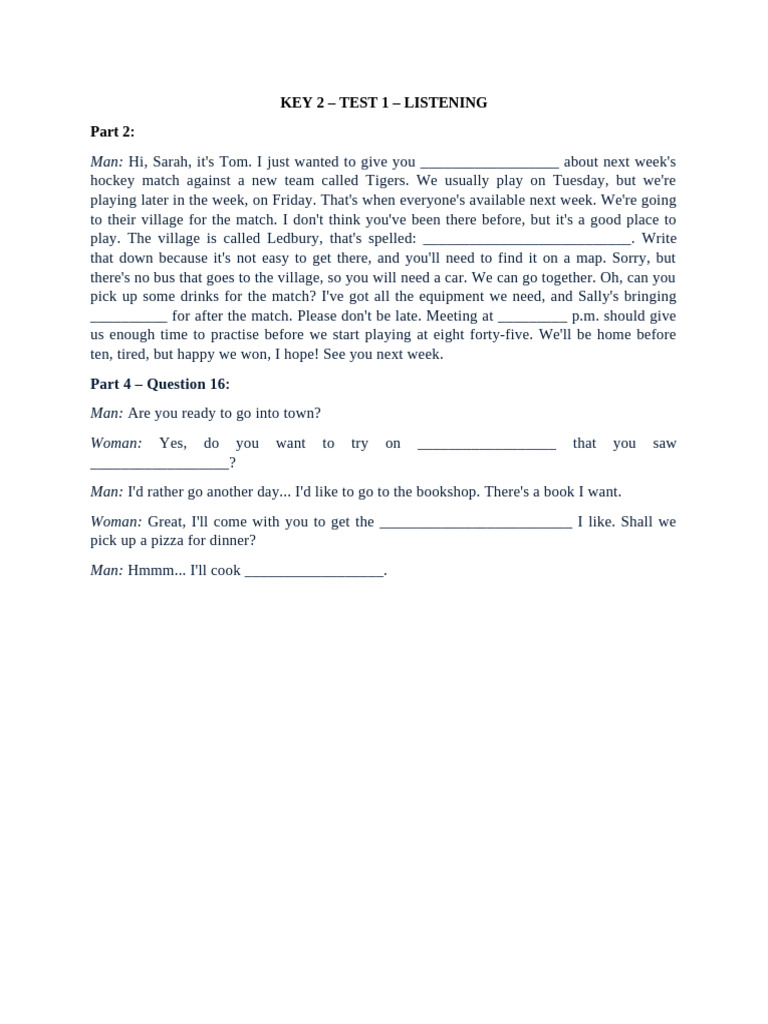 Key 2 - Test 1 - Listening | PDF